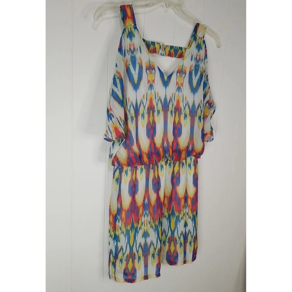 Bisou Bisou Dress Womens Size 4 Chiffon Cold Shoulder Multicolor Lined - Picture 4 of 15